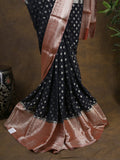 Georgette fancy saree black color allover zari motifs & zari border with rich pallu and attached plain blouse