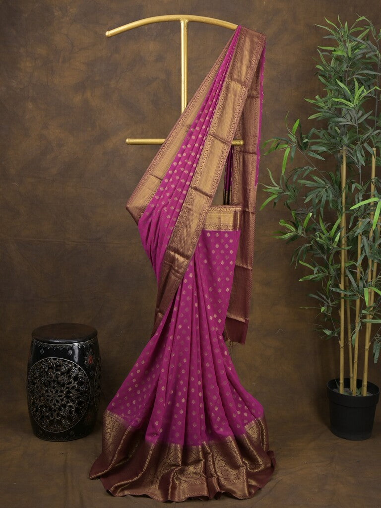 Georgette fancy saree purple color allover zari motifs & zari border with rich pallu and attached plain blouse