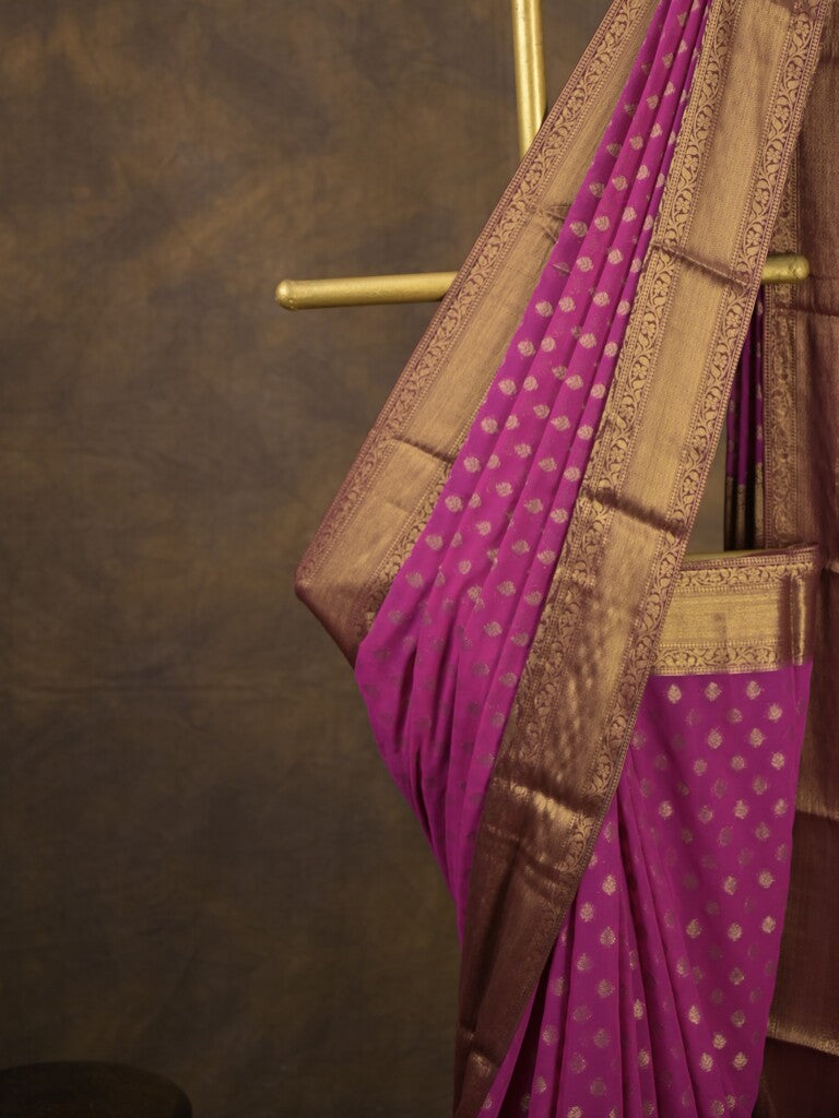Georgette fancy saree purple color allover zari motifs & zari border with rich pallu and attached plain blouse