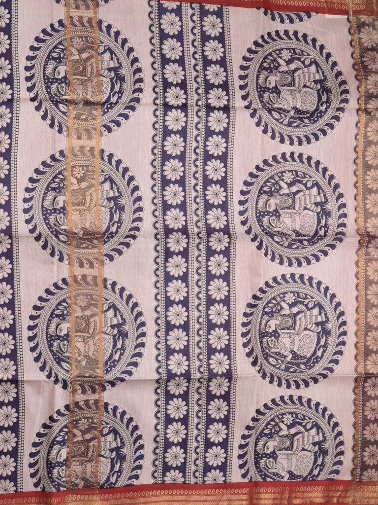 Tussar printed fancy saree with zari border and plain contrast blouse