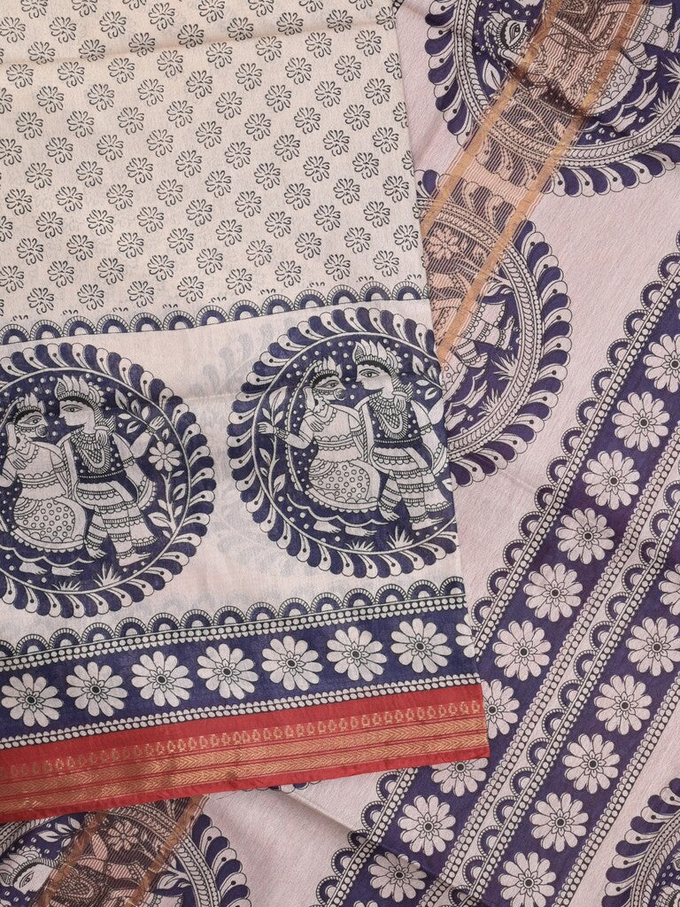 Tussar printed fancy saree with zari border and plain contrast blouse