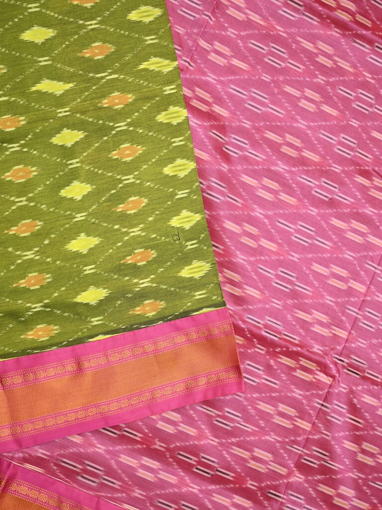 Ikkat pattu saree olive green color allover weaves & zari border with contrast pallu and contrast blouse
