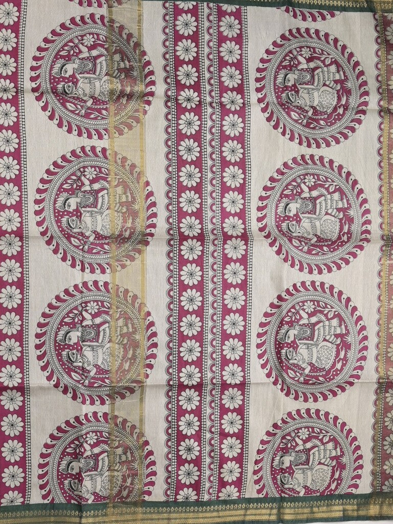 Tussar printed fancy saree with zari border and plain contrast blouse