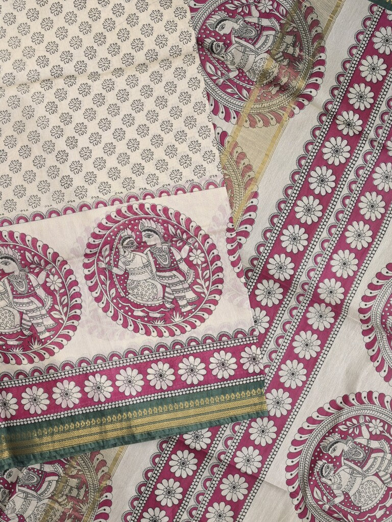 Tussar printed fancy saree with zari border and plain contrast blouse