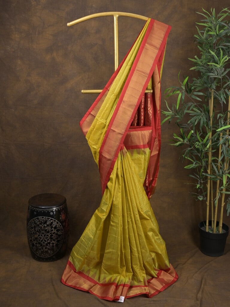 Gadwal pattu saree golden yellow color allover zari weaves & kanchi border with rich pallu and contrast plain blouse
