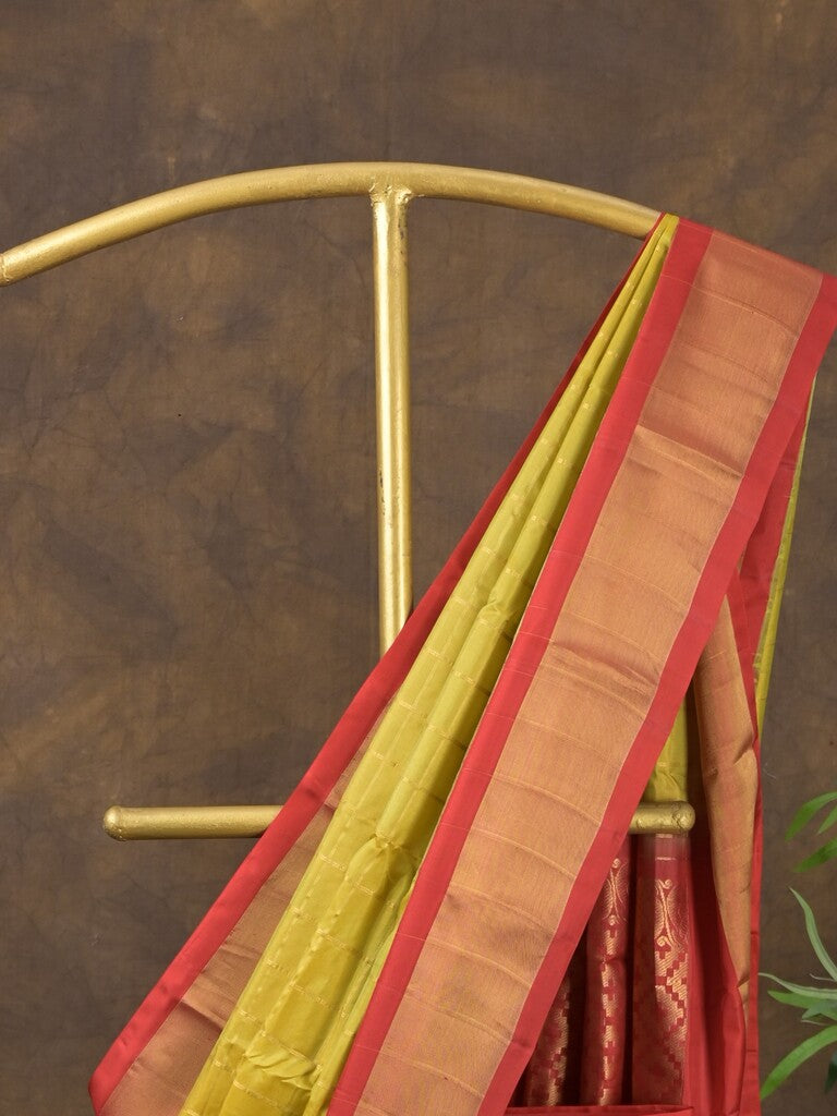 Gadwal pattu saree golden yellow color allover zari weaves & kanchi border with rich pallu and contrast plain blouse