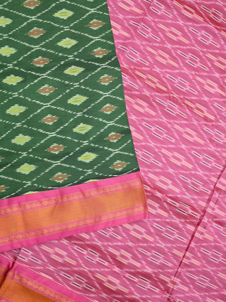 Ikkat pattu saree bottle green color allover weaves & zari border with contrast pallu and contrast blouse