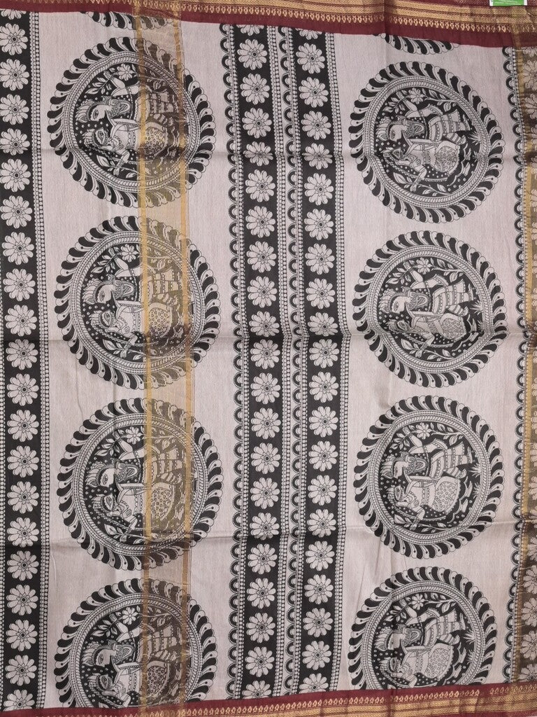 Tussar printed fancy saree with zari border and plain contrast blouse