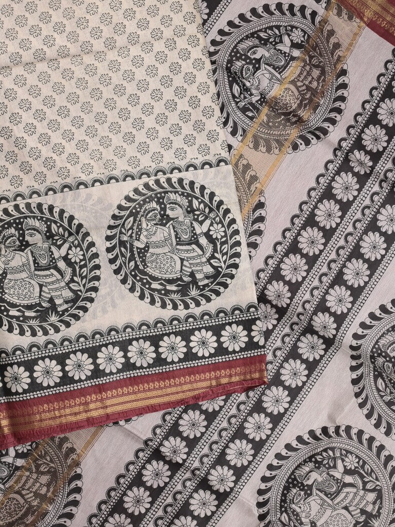 Tussar printed fancy saree with zari border and plain contrast blouse