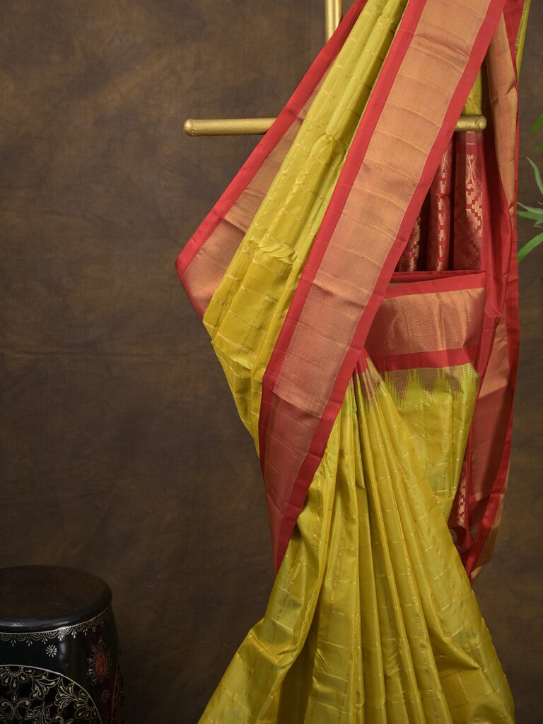 Gadwal pattu saree golden yellow color allover zari weaves & kanchi border with rich pallu and contrast plain blouse