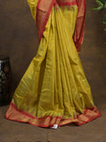 Gadwal pattu saree golden yellow color allover zari weaves & kanchi border with rich pallu and contrast plain blouse