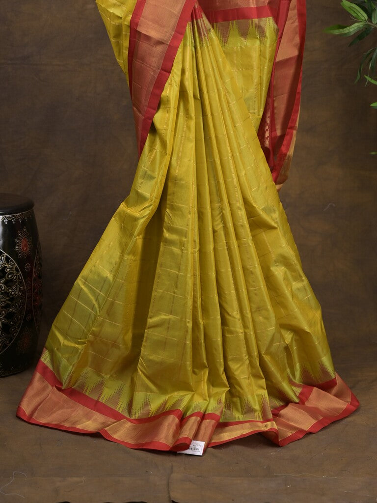 Gadwal pattu saree golden yellow color allover zari weaves & kanchi border with rich pallu and contrast plain blouse