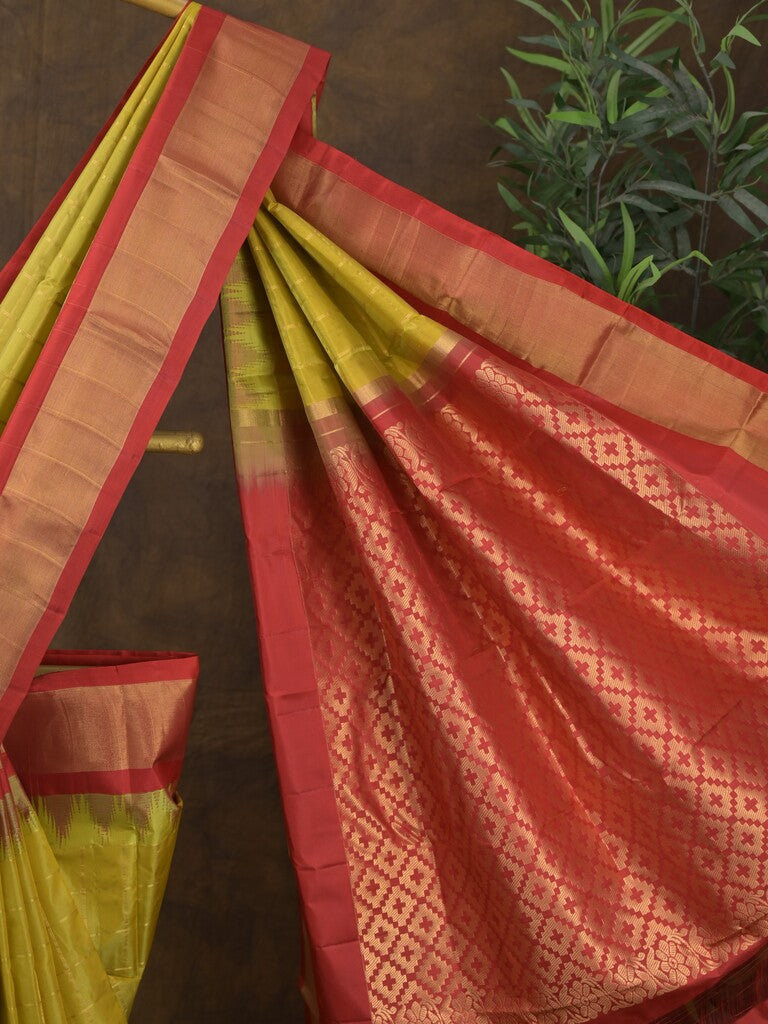 Gadwal pattu saree golden yellow color allover zari weaves & kanchi border with rich pallu and contrast plain blouse