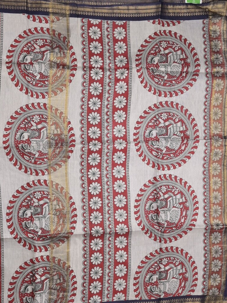 Tussar printed fancy saree with zari border and plain contrast blouse