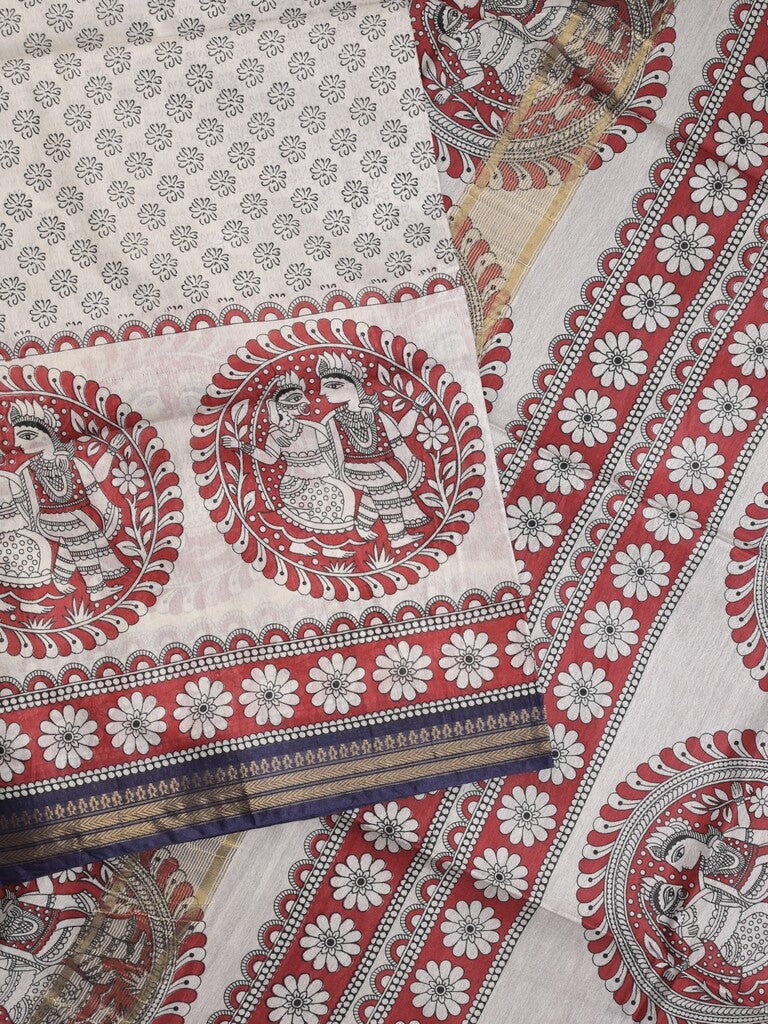 Tussar printed fancy saree with zari border and plain contrast blouse
