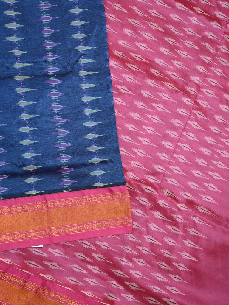 Ikkat pattu saree royal blue color allover weaves & zari border with contrast pallu and contrast blouse