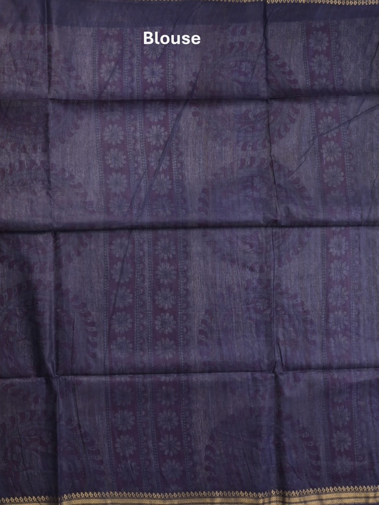 Tussar printed fancy saree with zari border and plain contrast blouse