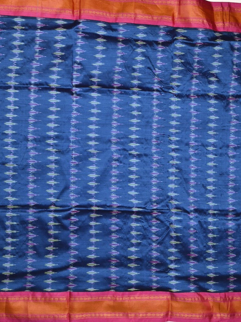 Ikkat pattu saree royal blue color allover weaves & zari border with contrast pallu and contrast blouse