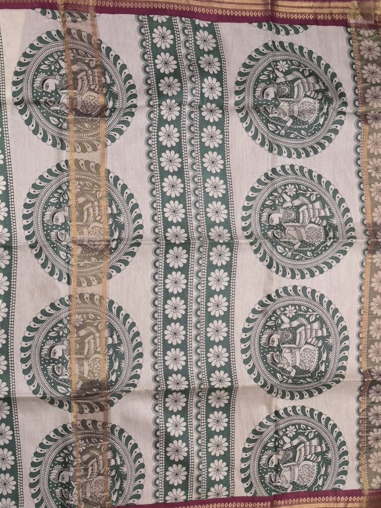 Tussar printed fancy saree with zari border and plain contrast blouse