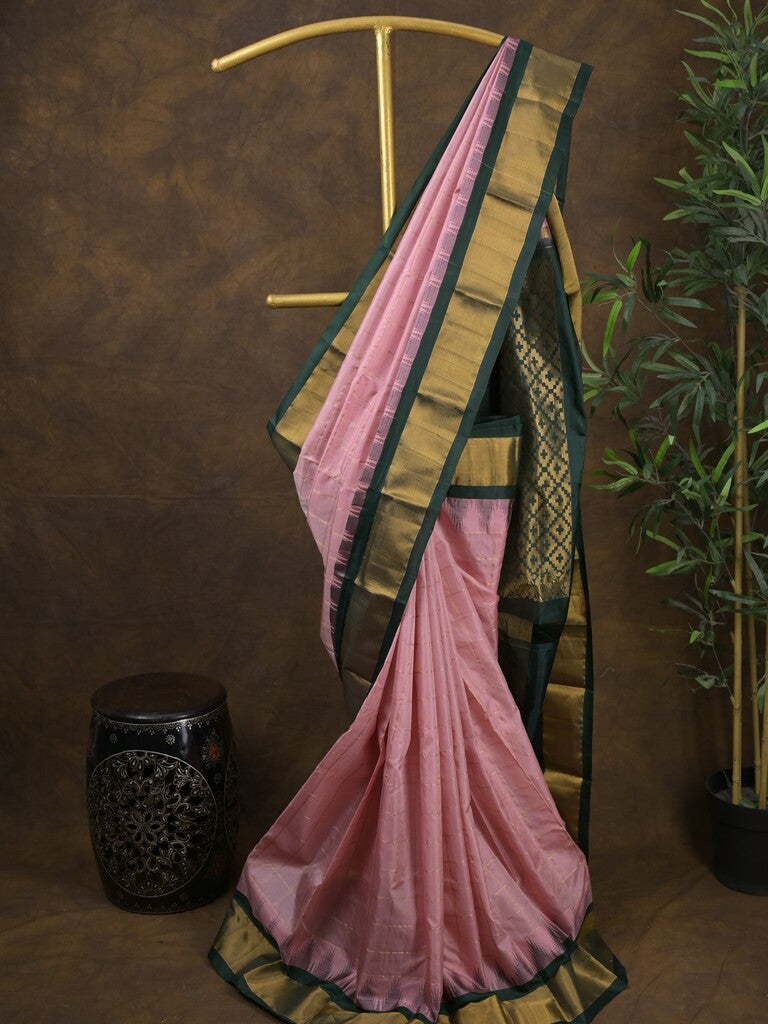 Gadwal pattu saree baby pink color allover zari weaves & kanchi border with rich pallu and contrast plain blouse