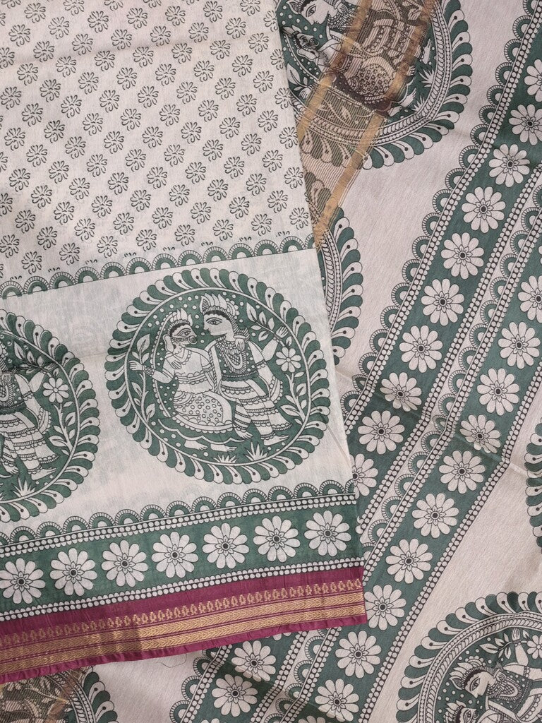 Tussar printed fancy saree with zari border and plain contrast blouse