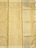 Organza tissue fancy saree light yellow color allover embroidery & kaddi border with short pallu and plain self blouse