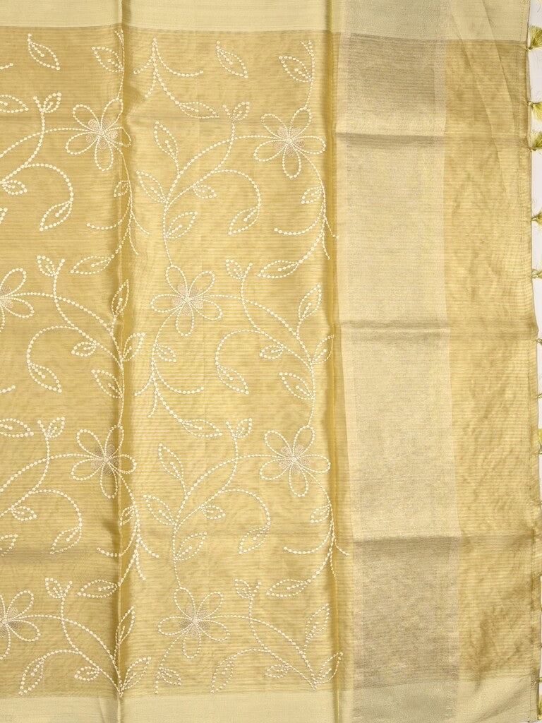 Organza tissue fancy saree light yellow color allover embroidery & kaddi border with short pallu and plain self blouse