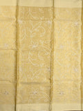 Organza tissue fancy saree light yellow color allover embroidery & kaddi border with short pallu and plain self blouse
