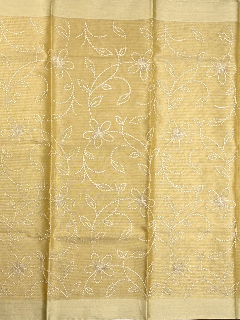 Organza tissue fancy saree light yellow color allover embroidery & kaddi border with short pallu and plain self blouse