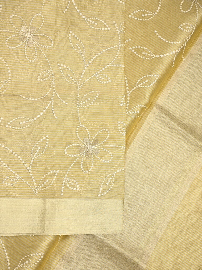 Organza tissue fancy saree light yellow color allover embroidery & kaddi border with short pallu and plain self blouse