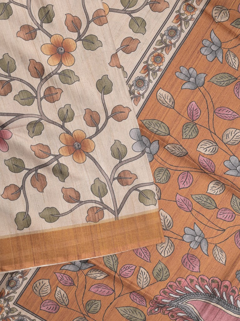Tussar floral printed fancy saree with contrast pallu and matching blouse