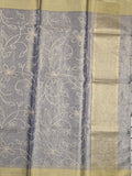 Organza tissue fancy saree bluish grey color allover embroidery & kaddi border with short pallu and plain self blouse
