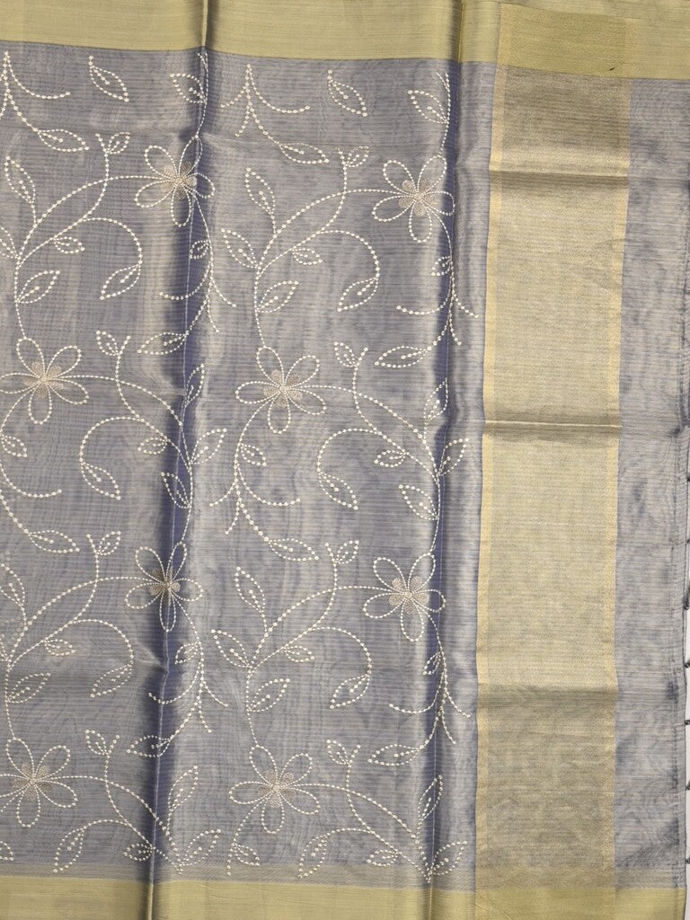 Organza tissue fancy saree bluish grey color allover embroidery & kaddi border with short pallu and plain self blouse