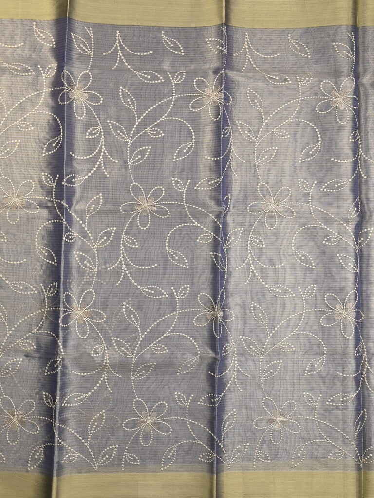 Organza tissue fancy saree bluish grey color allover embroidery & kaddi border with short pallu and plain self blouse