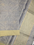 Organza tissue fancy saree bluish grey color allover embroidery & kaddi border with short pallu and plain self blouse