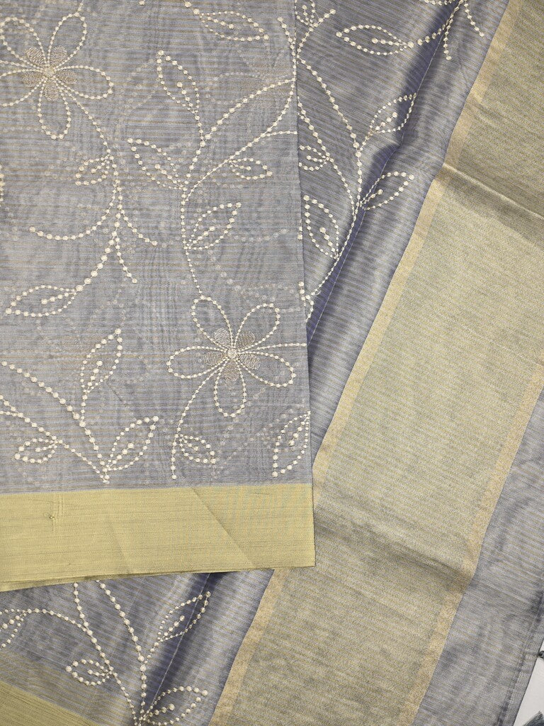 Organza tissue fancy saree bluish grey color allover embroidery & kaddi border with short pallu and plain self blouse