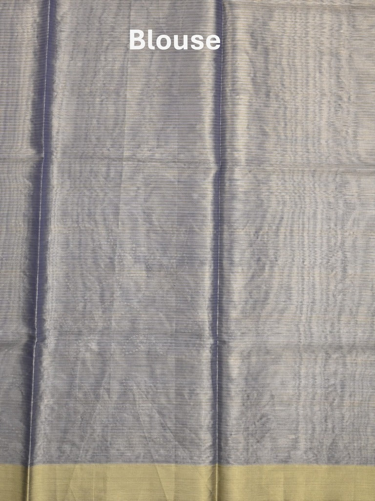 Organza tissue fancy saree bluish grey color allover embroidery & kaddi border with short pallu and plain self blouse