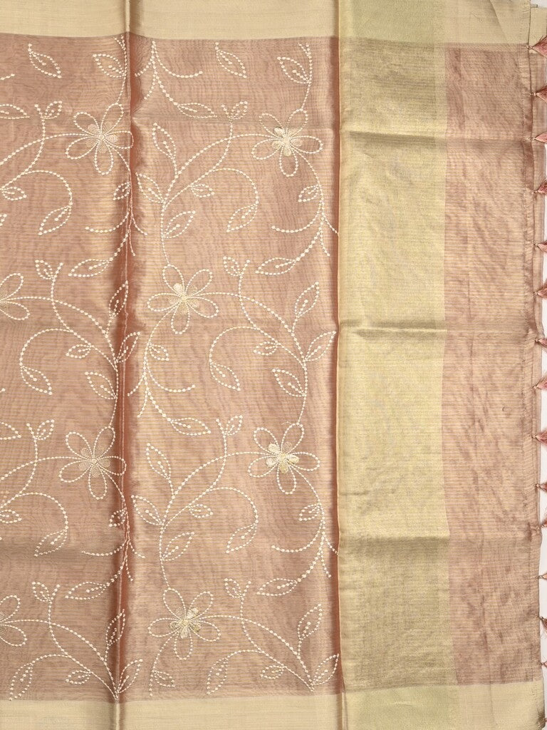 Organza tissue fancy saree peach color allover embroidery & kaddi border with short pallu and plain self blouse