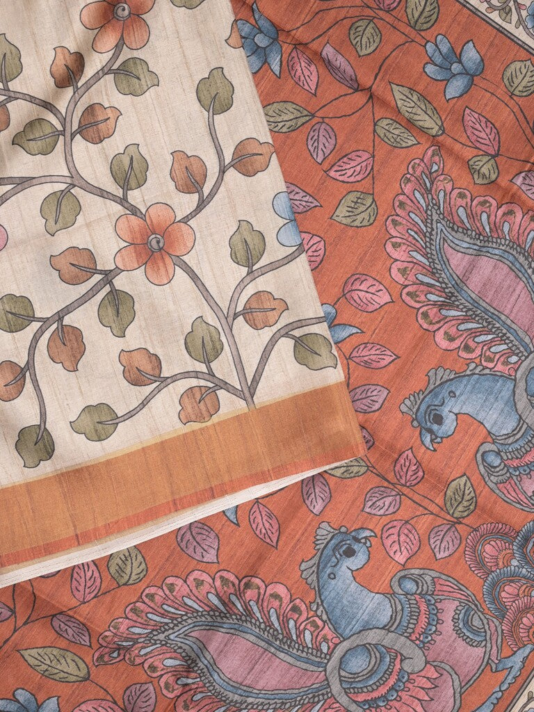 Tussar floral printed fancy saree with contrast pallu and matching blouse