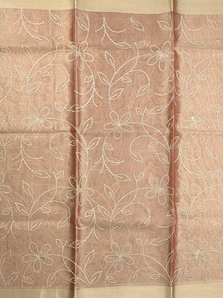 Organza tissue fancy saree peach color allover embroidery & kaddi border with short pallu and plain self blouse