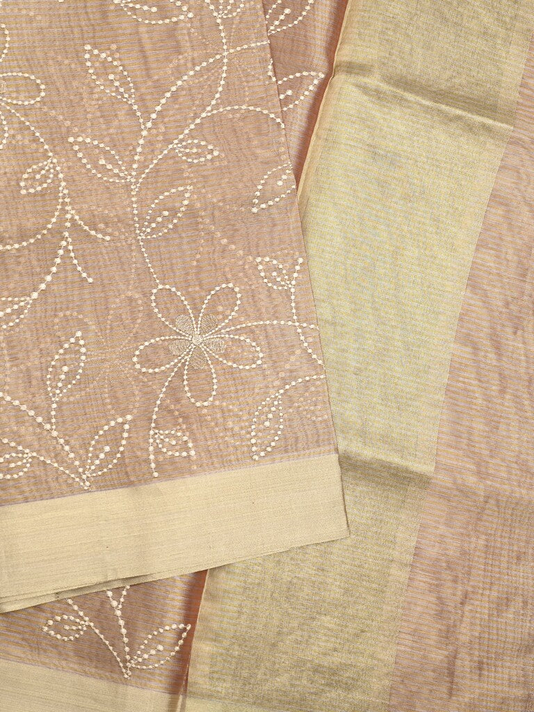 Organza tissue fancy saree peach color allover embroidery & kaddi border with short pallu and plain self blouse