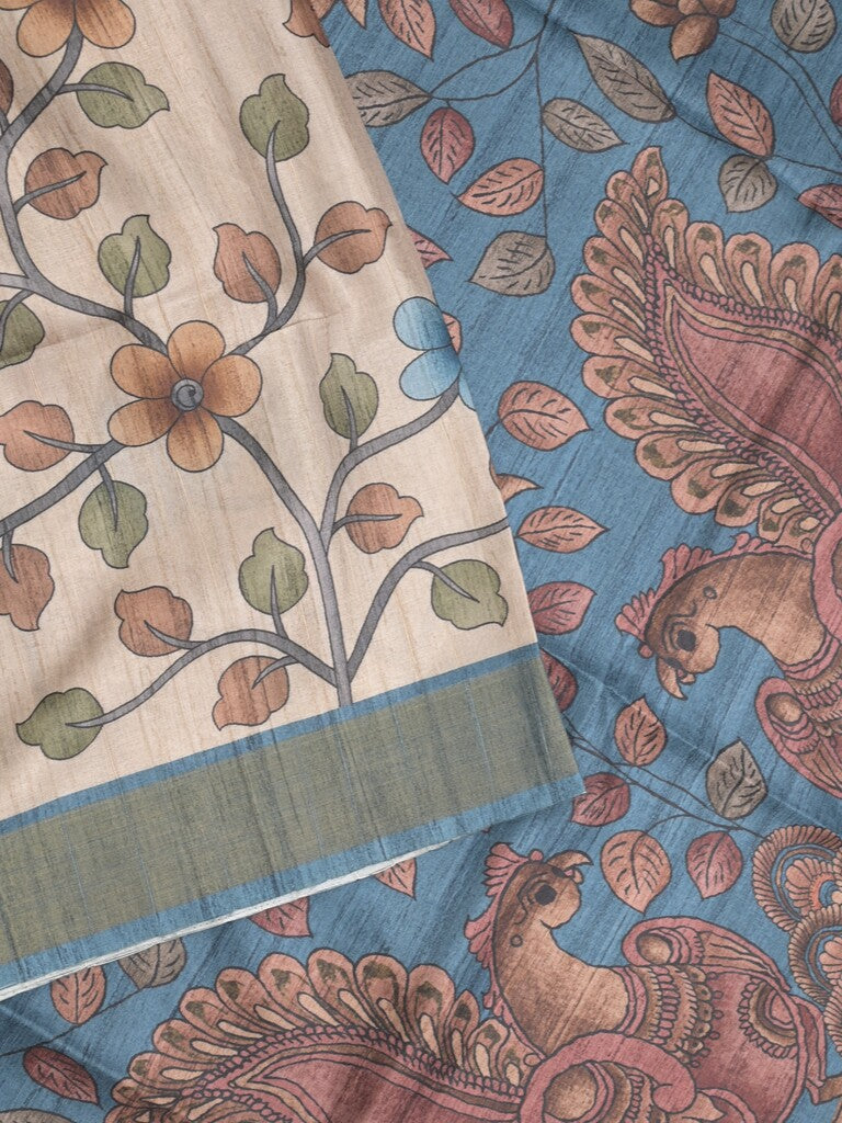 Tussar floral printed fancy saree with contrast pallu and matching blouse