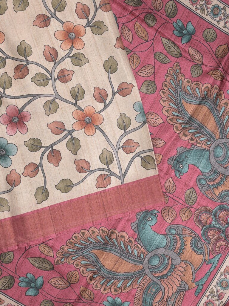 Tussar floral printed fancy saree with contrast pallu and matching blouse