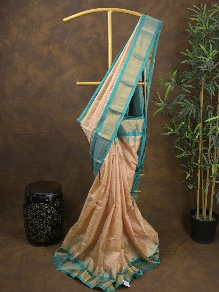 Gadwal pattu saree cream color allover zari weaves & kanchi border with rich pallu and contrast plain blouse