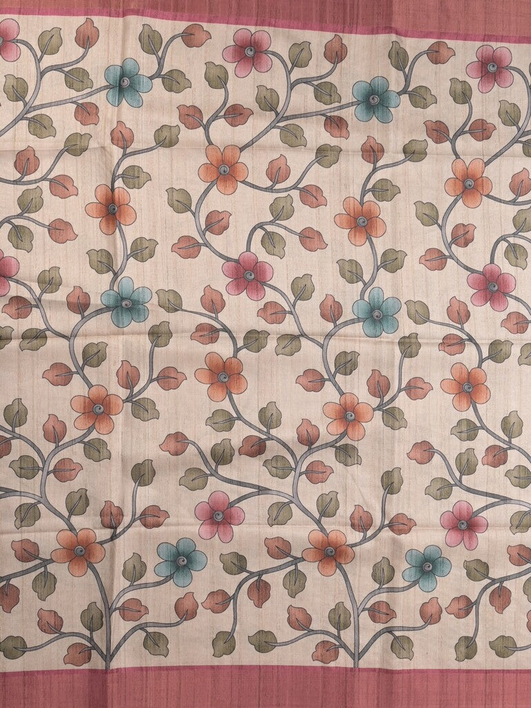 Tussar floral printed fancy saree with contrast pallu and matching blouse