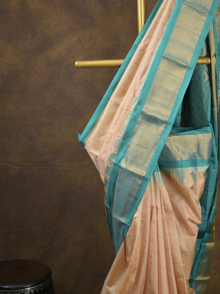 Gadwal pattu saree cream color allover zari weaves & kanchi border with rich pallu and contrast plain blouse