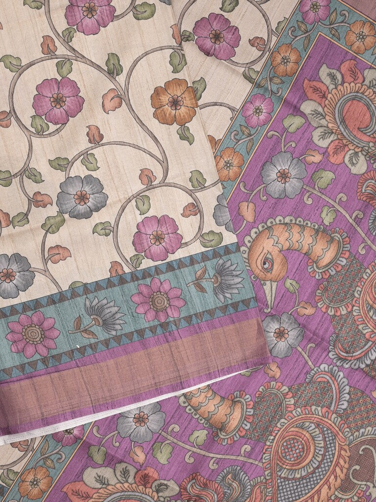 Tussar floral printed fancy saree with contrast pallu and matching blouse