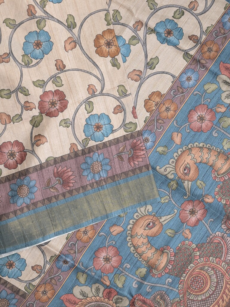 Tussar floral printed fancy saree with contrast pallu and matching blouse