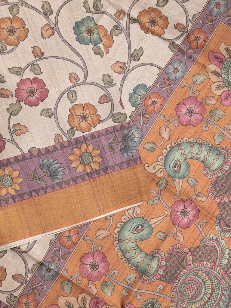 Tussar floral printed fancy saree with contrast pallu and matching blouse