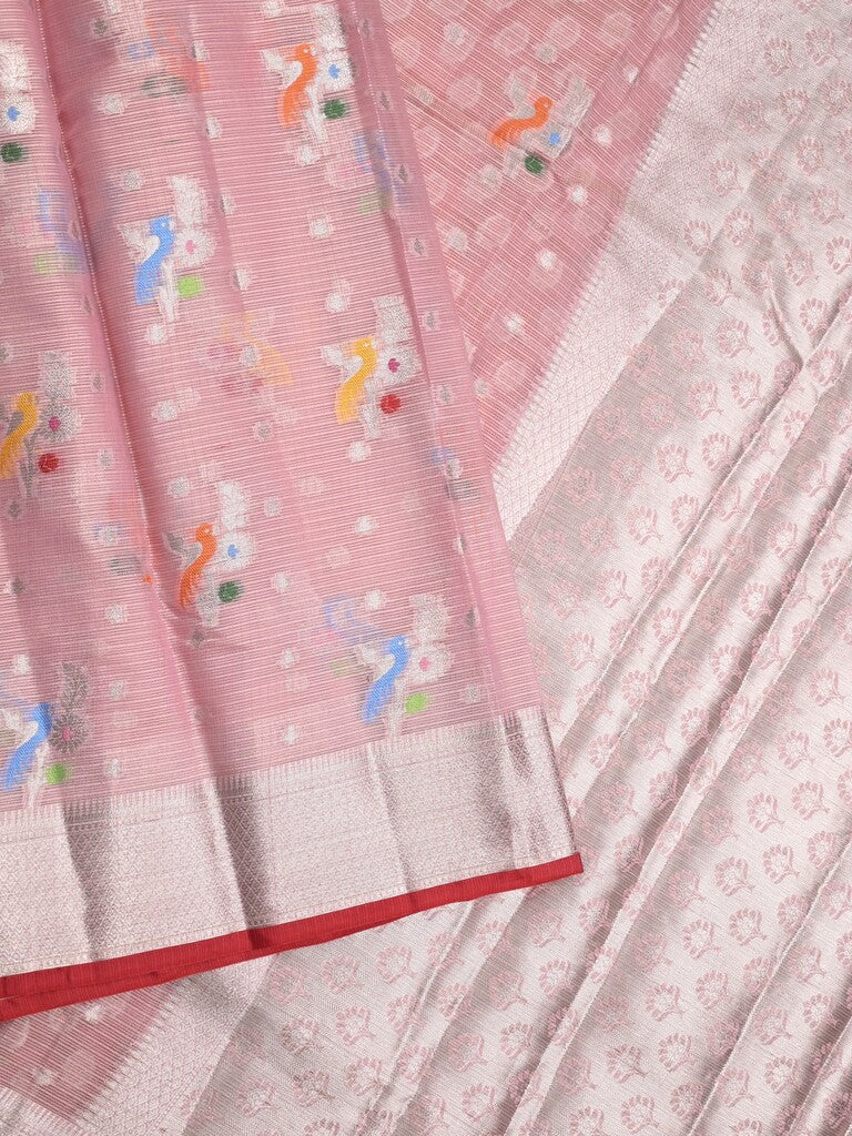 Silk kota fancy saree baby pink color allover zari weaves & zari border with zari pallu and contrast blouse